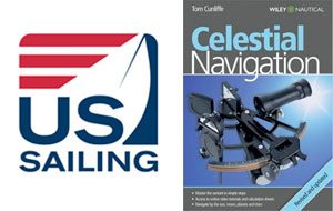 Celestial Navigation book cover and US Sailing logo