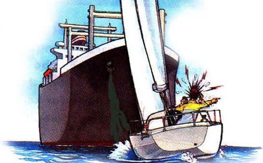 Illustration of a sailaboat about to collide with a ship